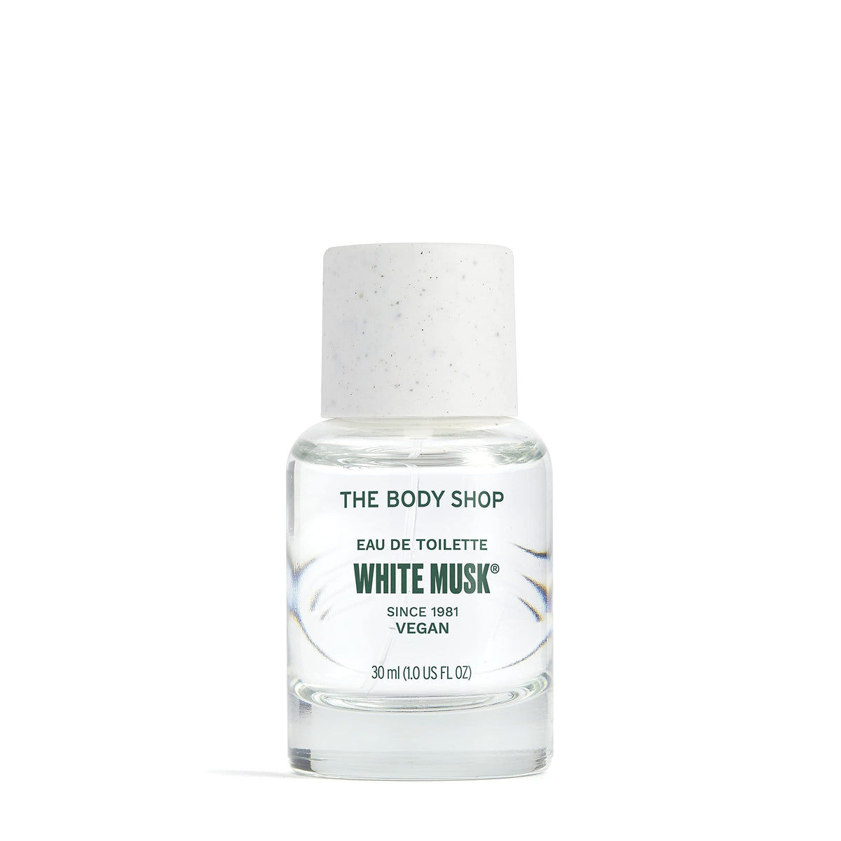 The Body Shop White Musk EDT bottle close-up, hinting at a fresh floral scent.