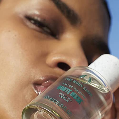 The Body Shop White Musk EDT glass bottle highlights recycled glass use.