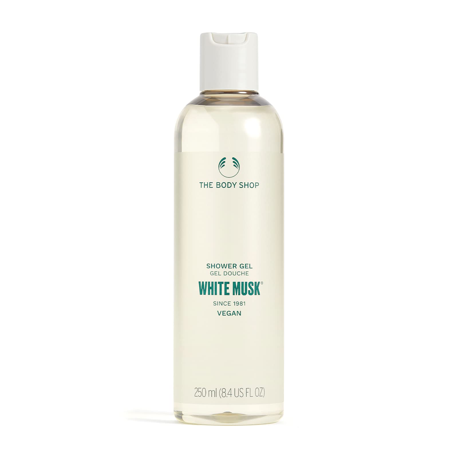 The Body Shop White Musk Shower Gel bottle hero with recyclable packaging for daily cleansing.