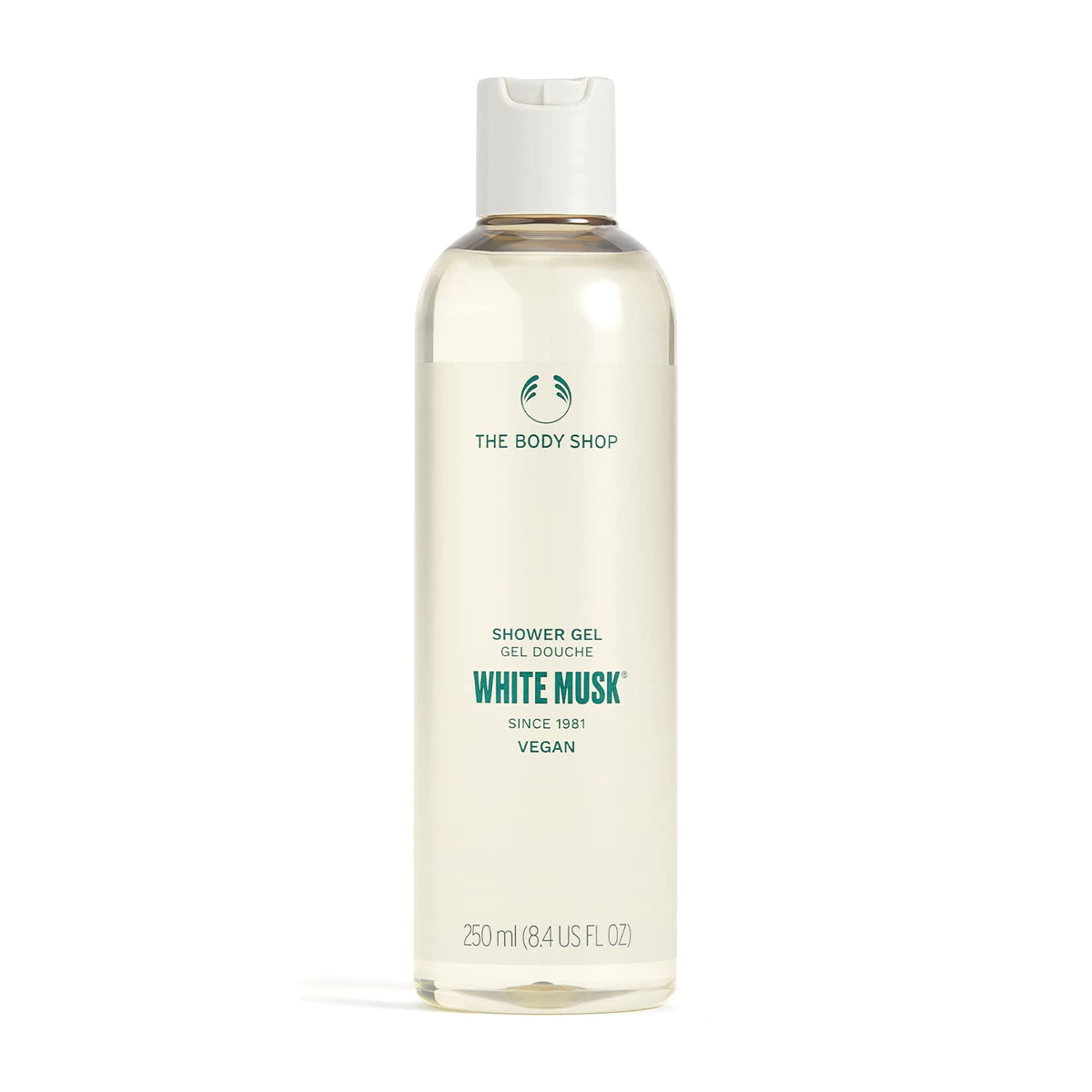 The Body Shop White Musk Shower Gel bottle hero with recyclable packaging for daily cleansing.