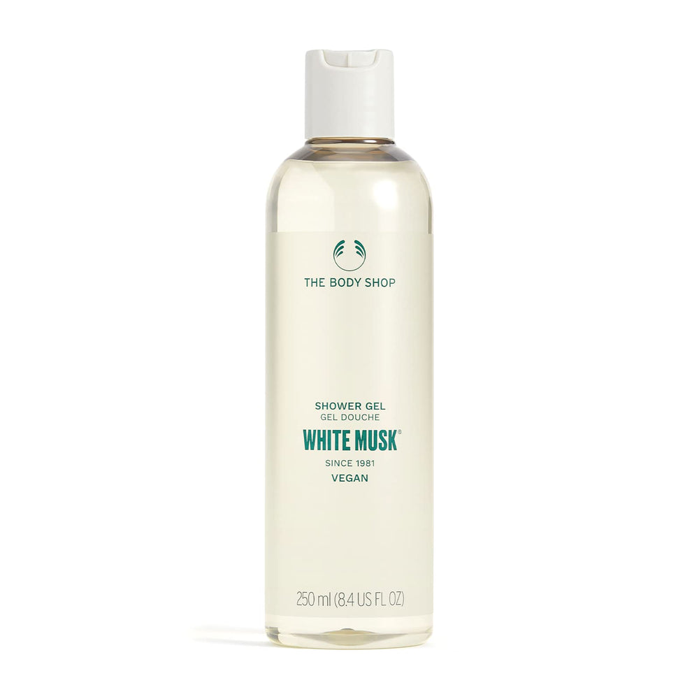 The Body Shop White Musk Shower Gel bottle showcases vegan fragrance for head-to-toe cleanse.