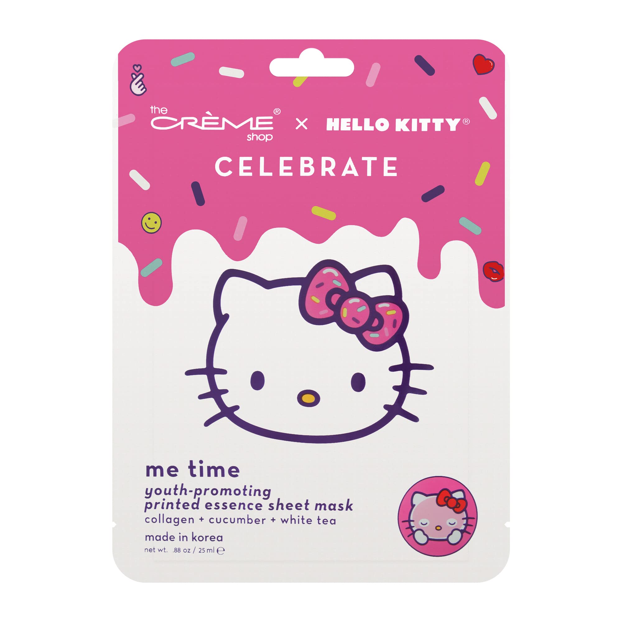 The Crème Shop Hello Kitty Celebrate Me Time mascarilla, empaque atractivo para regalo y autocuidado.