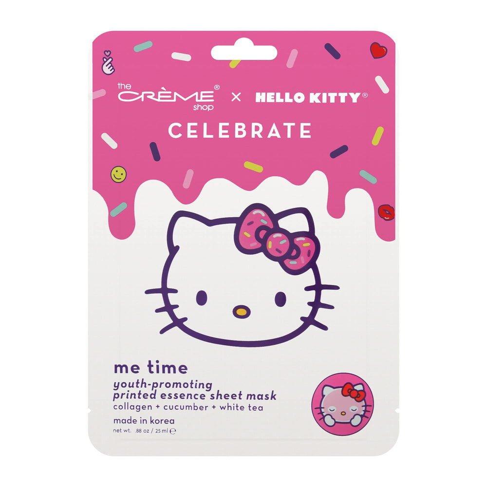 The Crème Shop Hello Kitty Celebrate Me Time mascarilla, empaque atractivo para regalo y autocuidado.