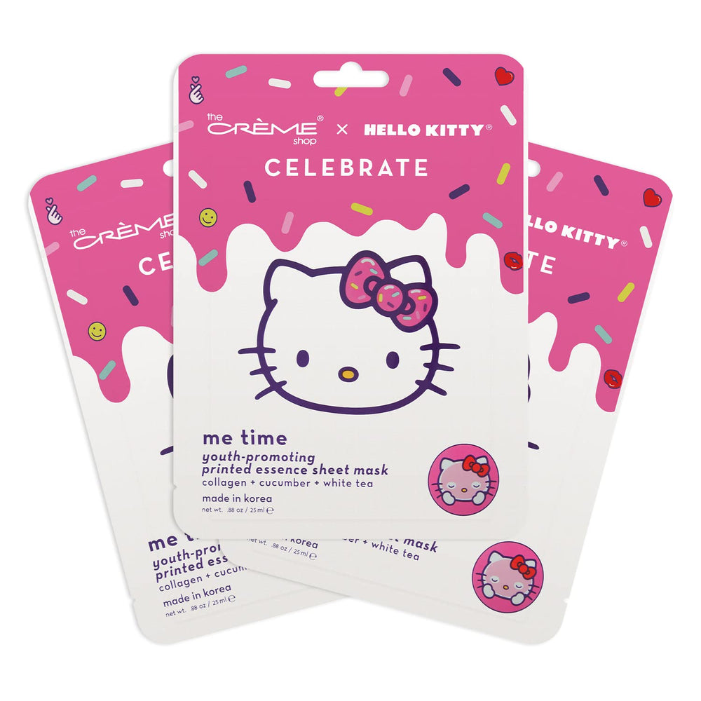 The Crème Shop Hello Kitty Celebrate Me Time mascarilla 3 pack, hidratación suave para la piel.