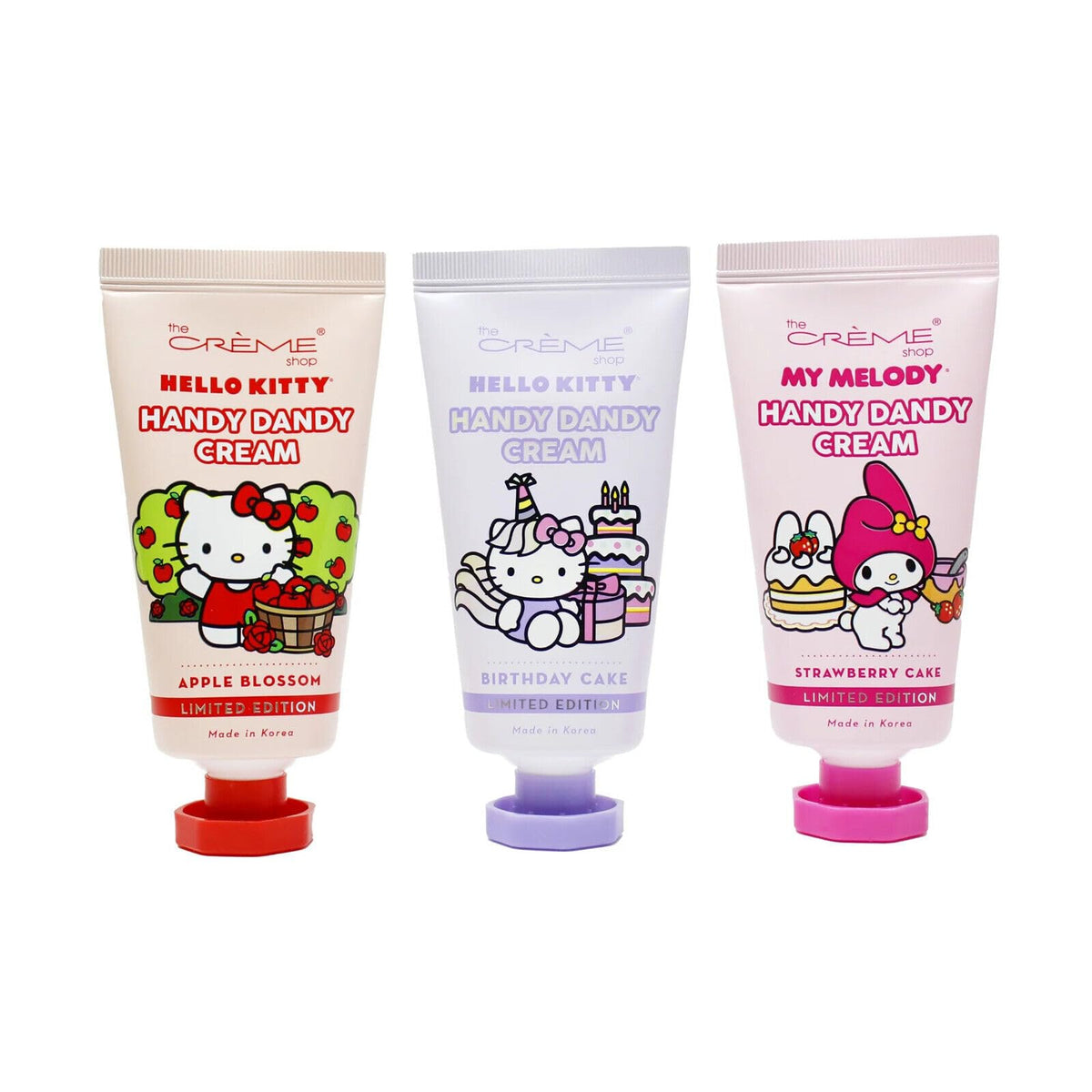 The Crème Shop Hello Kitty limited edition hand creme trio packaging hydrates dry skin without greasiness