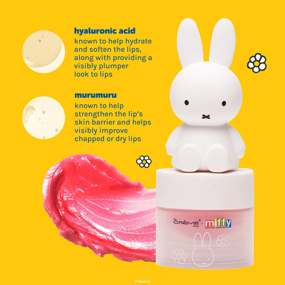 The Crème Shop Miffy tinted lip balm ingredient panel highlighting hyaluronic acid