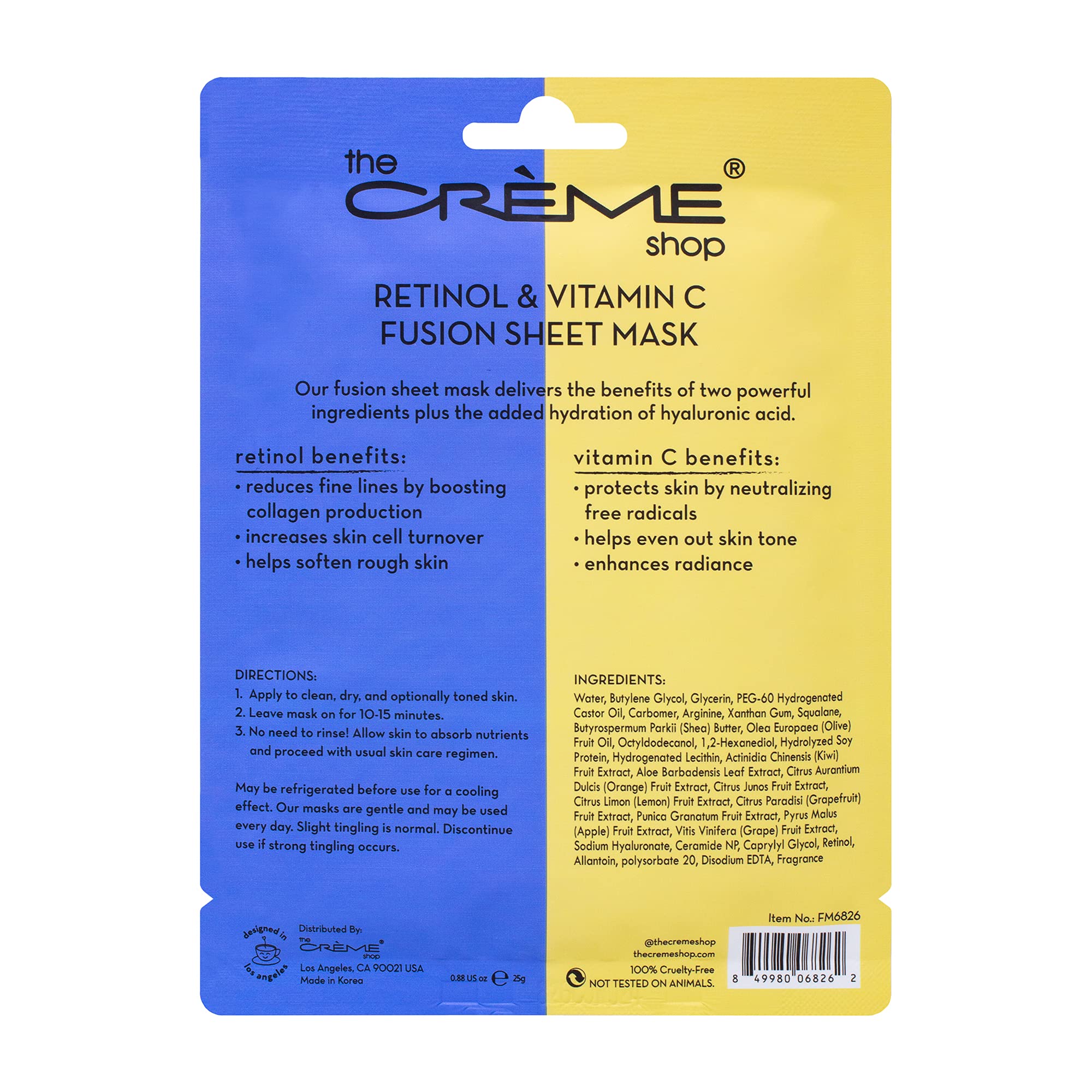 The Crème Shop retinol vitamin C fusion sheet mask closeup highlights brightening, hydrating formula.