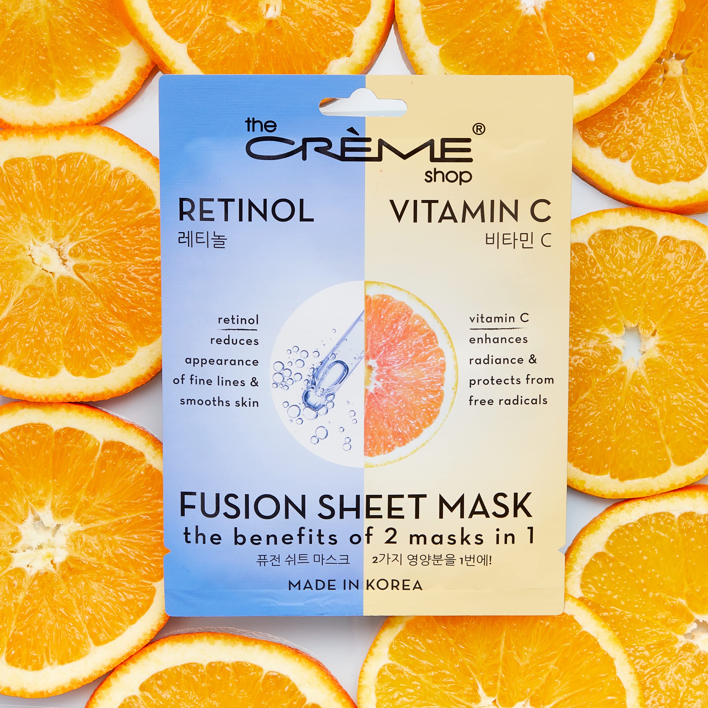 The Crème Shop retinol vitamin C fusion sheet mask hyaluronic acid application demonstrates plump, refreshed skin.