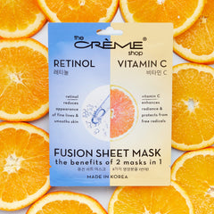 The Crème Shop retinol vitamin C fusion sheet mask hyaluronic acid application demonstrates plump, refreshed skin.