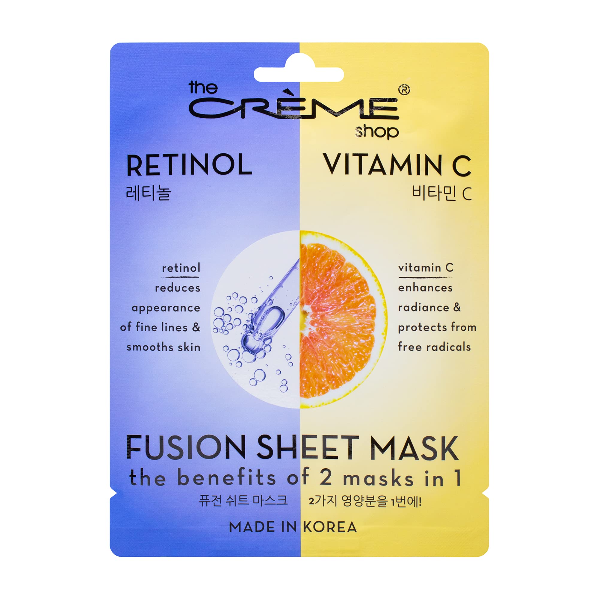The Crème Shop retinol vitamin C fusion sheet mask pack cover demonstrates anti-aging care at a glance.