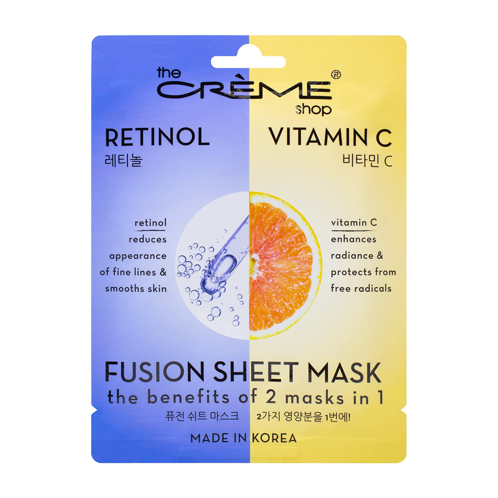 The Crème Shop retinol vitamin C fusion sheet mask pack cover demonstrates anti-aging care at a glance.