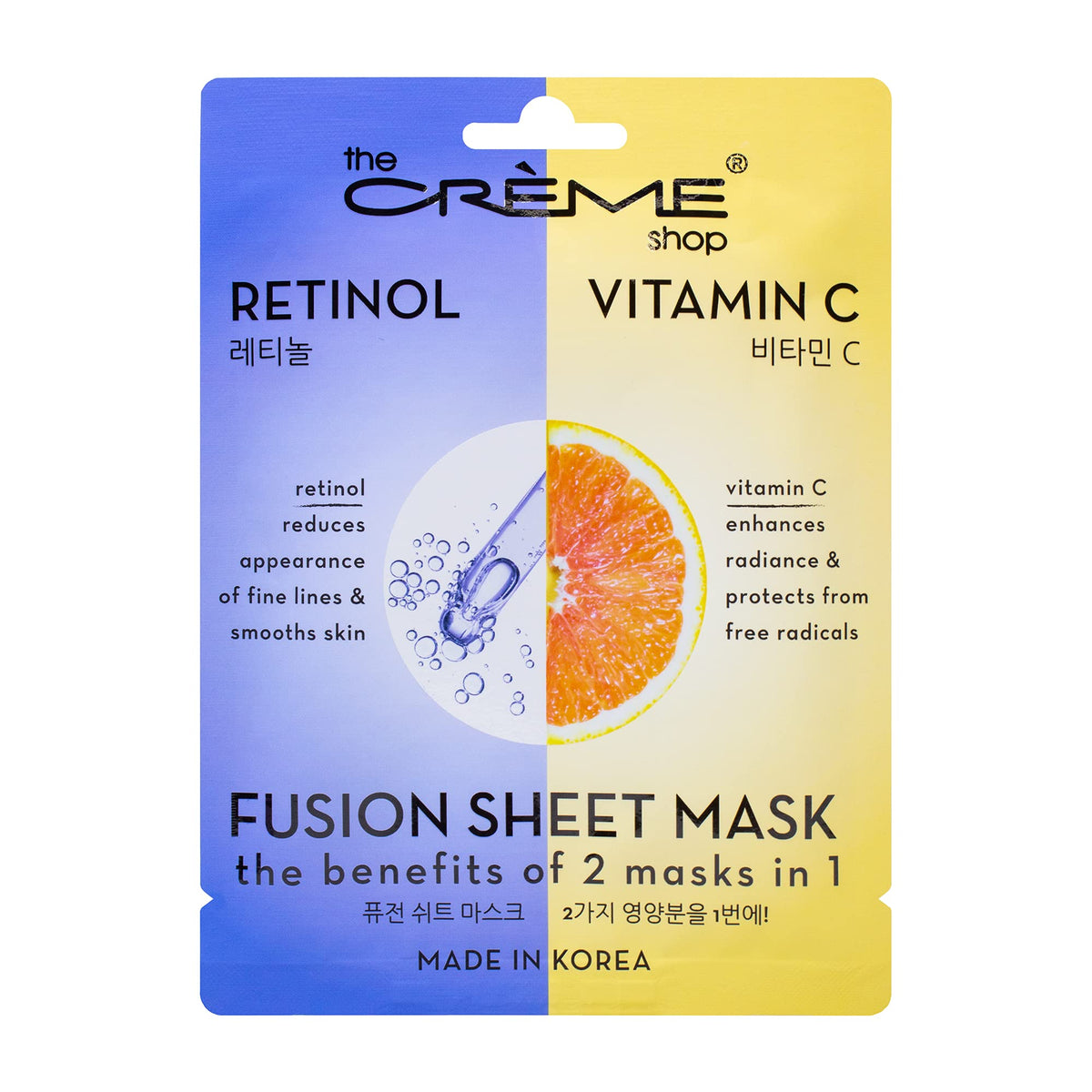 The Crème Shop retinol vitamin C fusion sheet mask pack cover demonstrates anti-aging care at a glance.