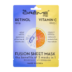 The Crème Shop retinol vitamin C fusion sheet mask pack cover demonstrates anti-aging care at a glance.