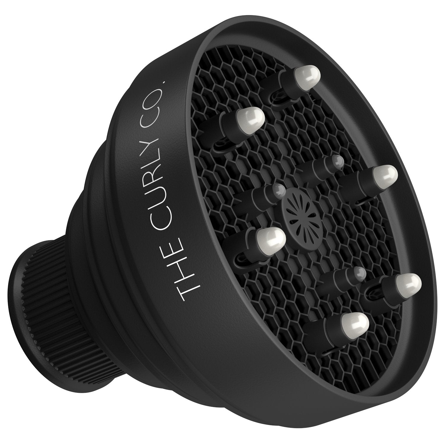 The Curly Co collapsible hair diffuser folded for ultra-portable storage after travel.
