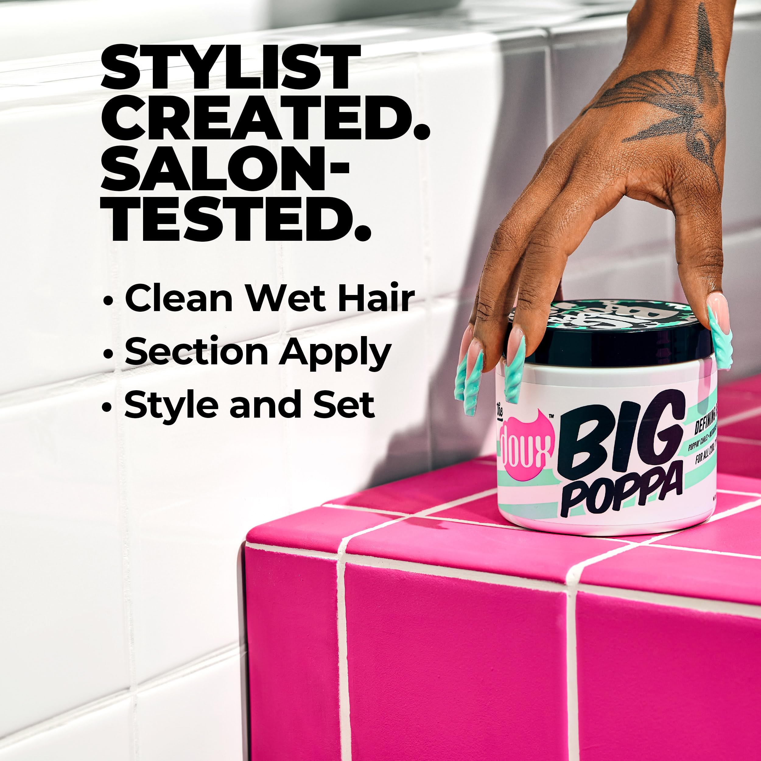 The Doux Big Poppa curl-defining gel texture close-up highlights smooth, non-crunch hold for daily styles.