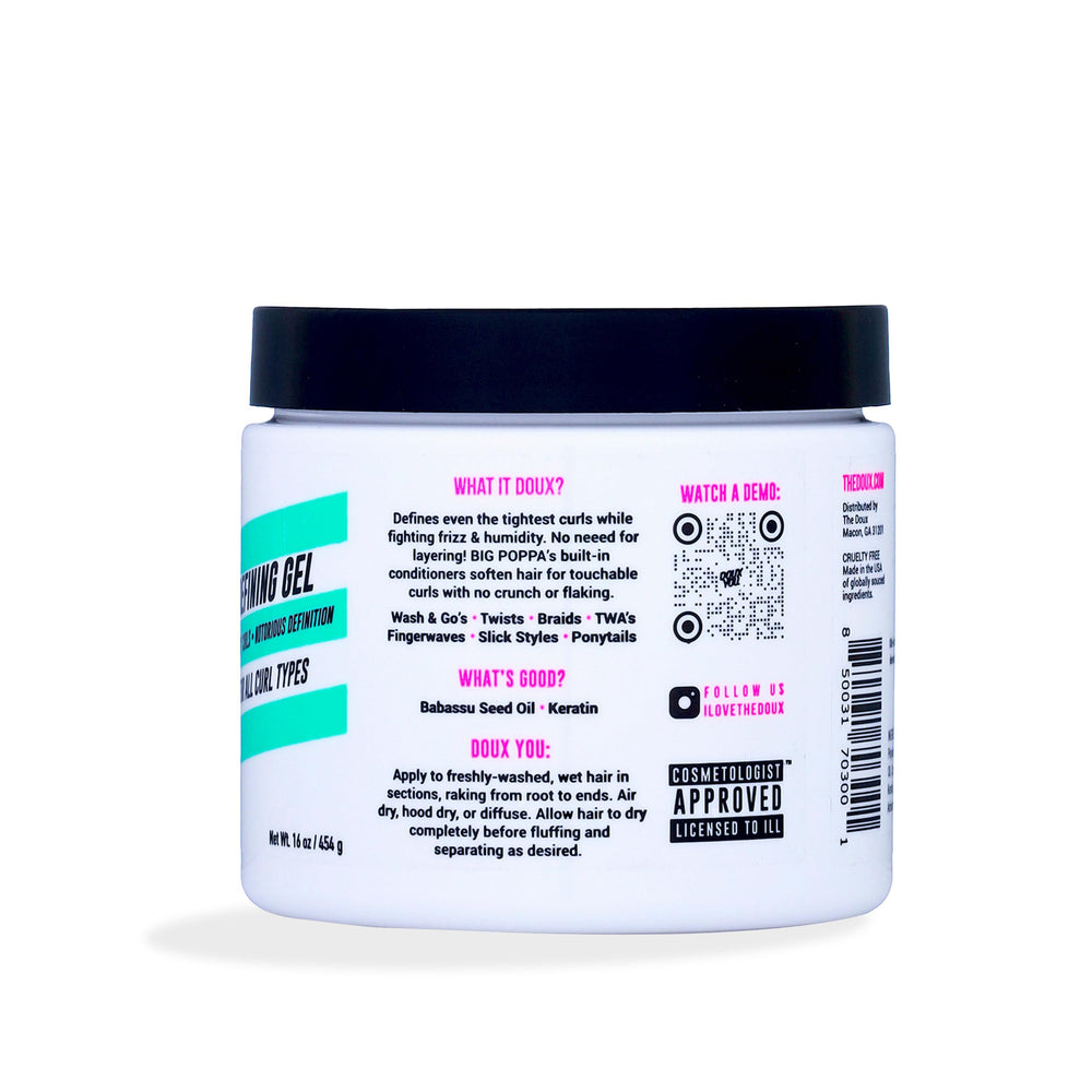 The Doux Big Poppa bottle with curls shows defined coils and soft shine on model.