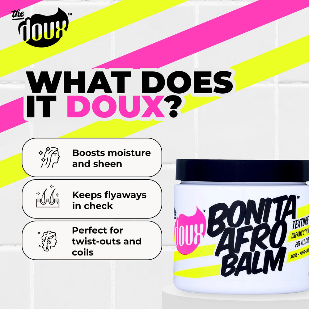 The Doux Bonita Afro Balm braid styling for lasting hold and shine.