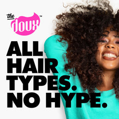 The Doux application hands illustrate even distribution for smooth, manageable curls.