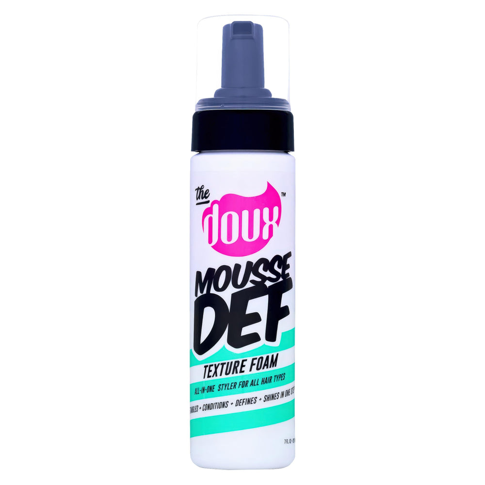 The Doux Mousse bottle shows flexible hold for soft, defined curls.