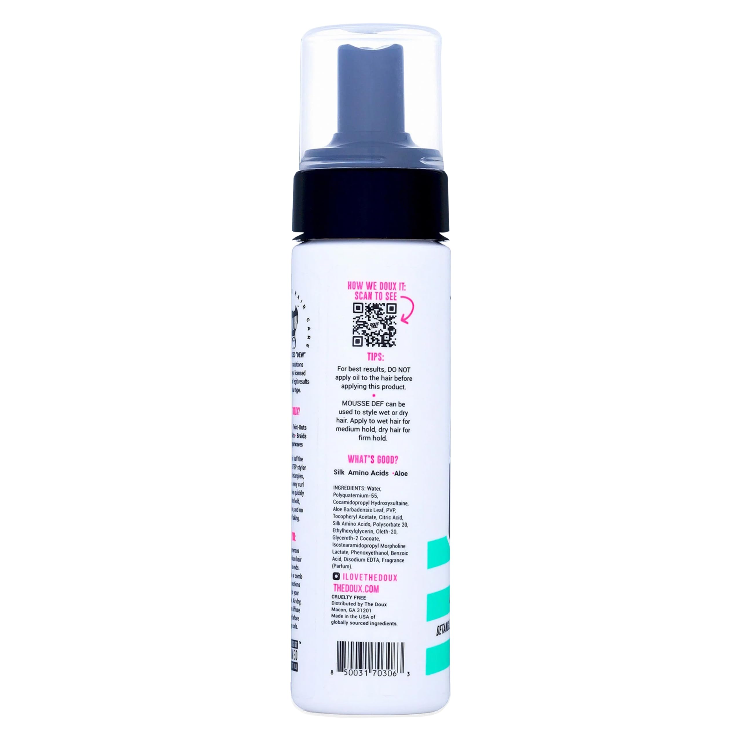 The Doux curl-definition closeup highlights bouncy, defined texture on curls.