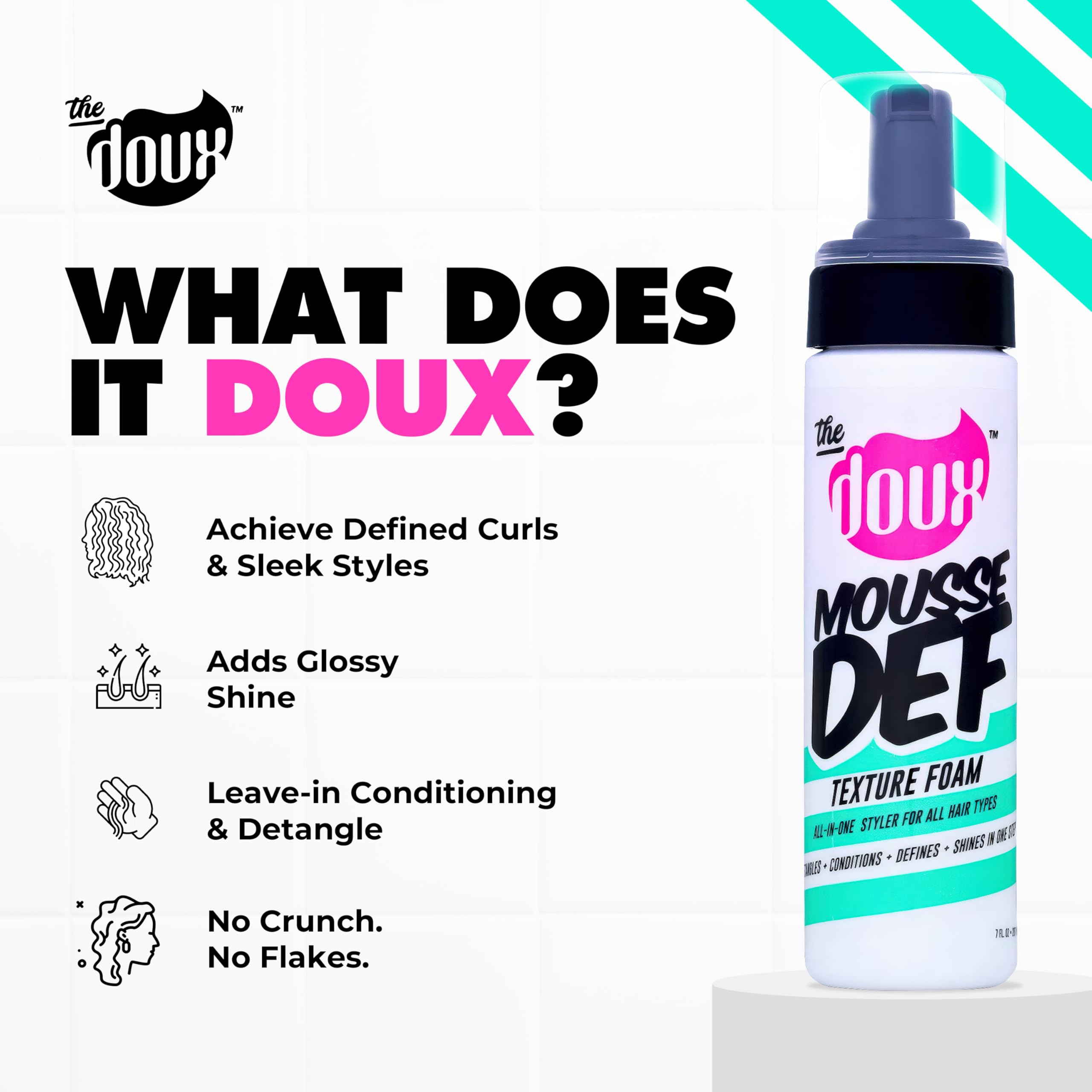 The Doux Mousse image captures glossy, healthy-looking curls with natural shine.