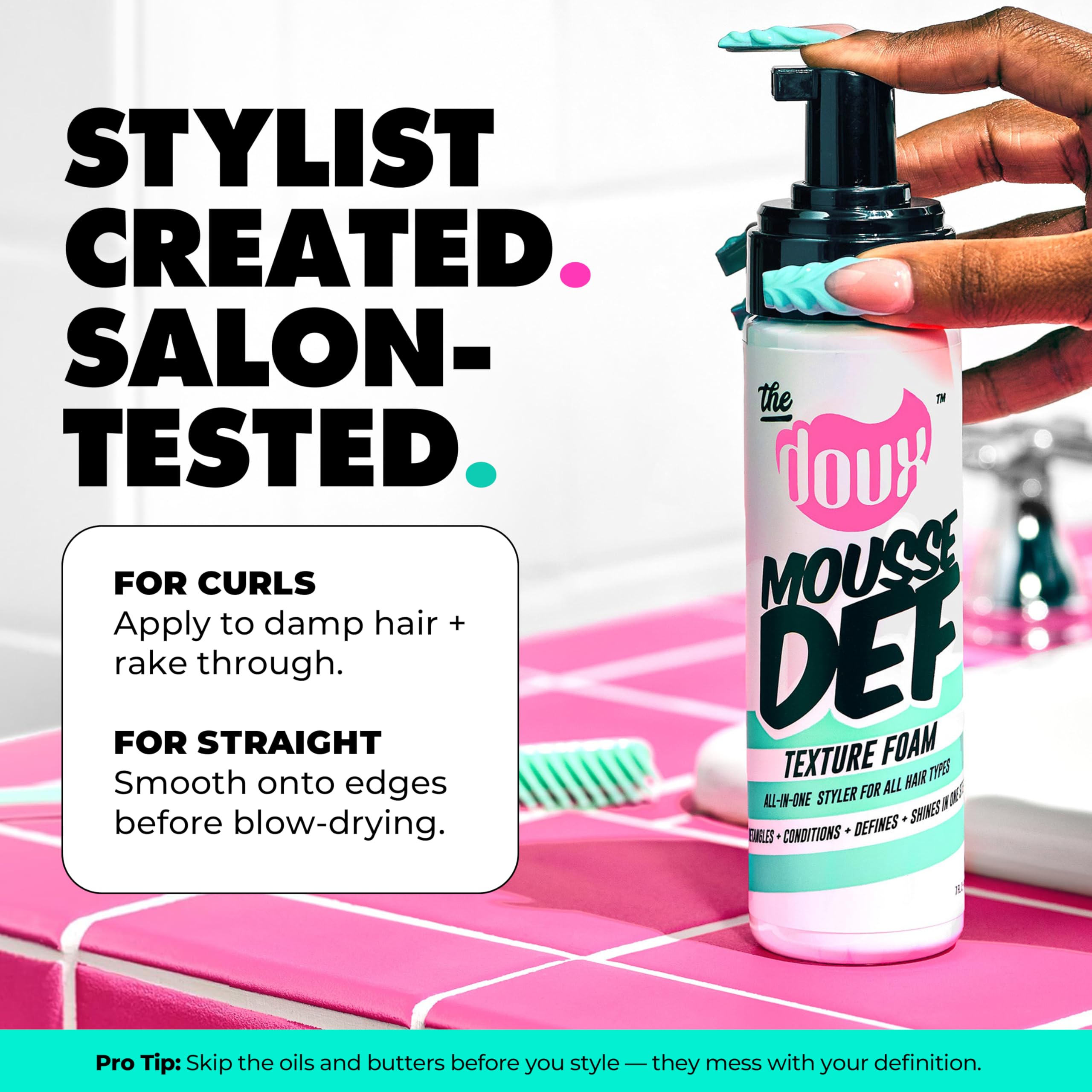 The Doux Mousse volume-boost shot shows lifted roots and fuller curls.