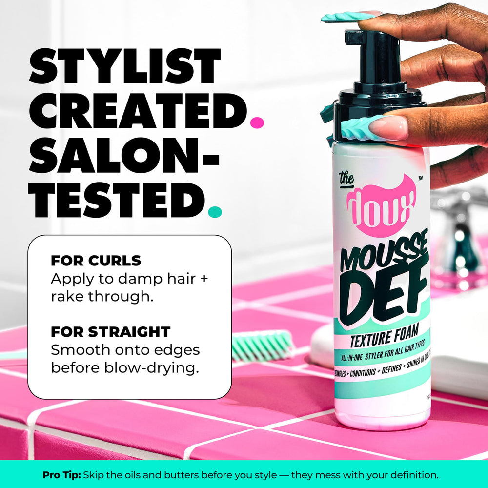 The Doux Mousse volume-boost shot shows lifted roots and fuller curls.