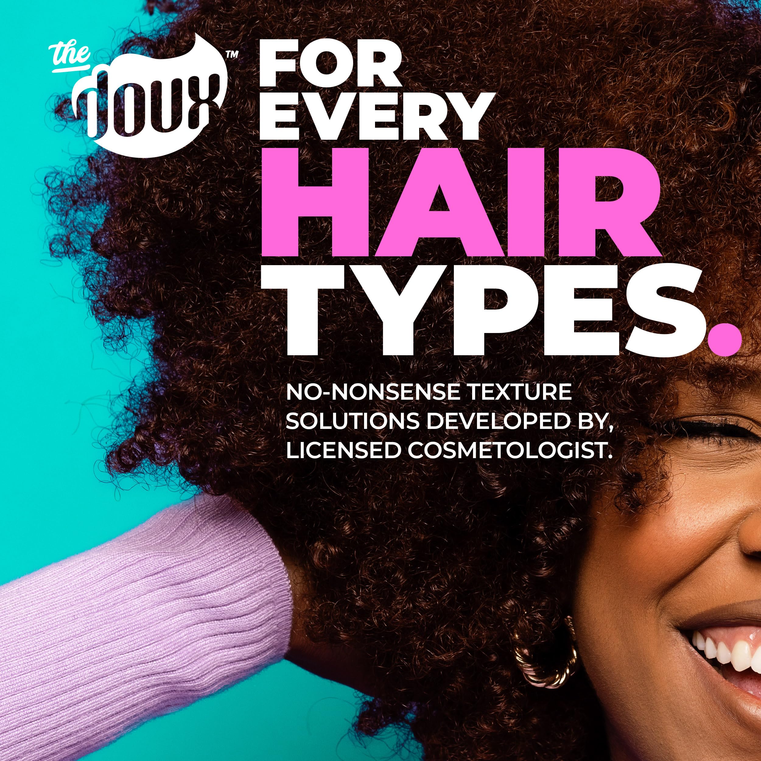 The Doux multi-use-mousse-application-styling demonstrates easy, versatile styling across natural textures.