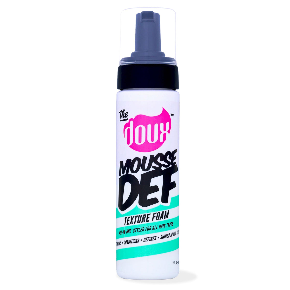 The Doux multi-use mousse bottle closeup shows one-step curl definition and shine.