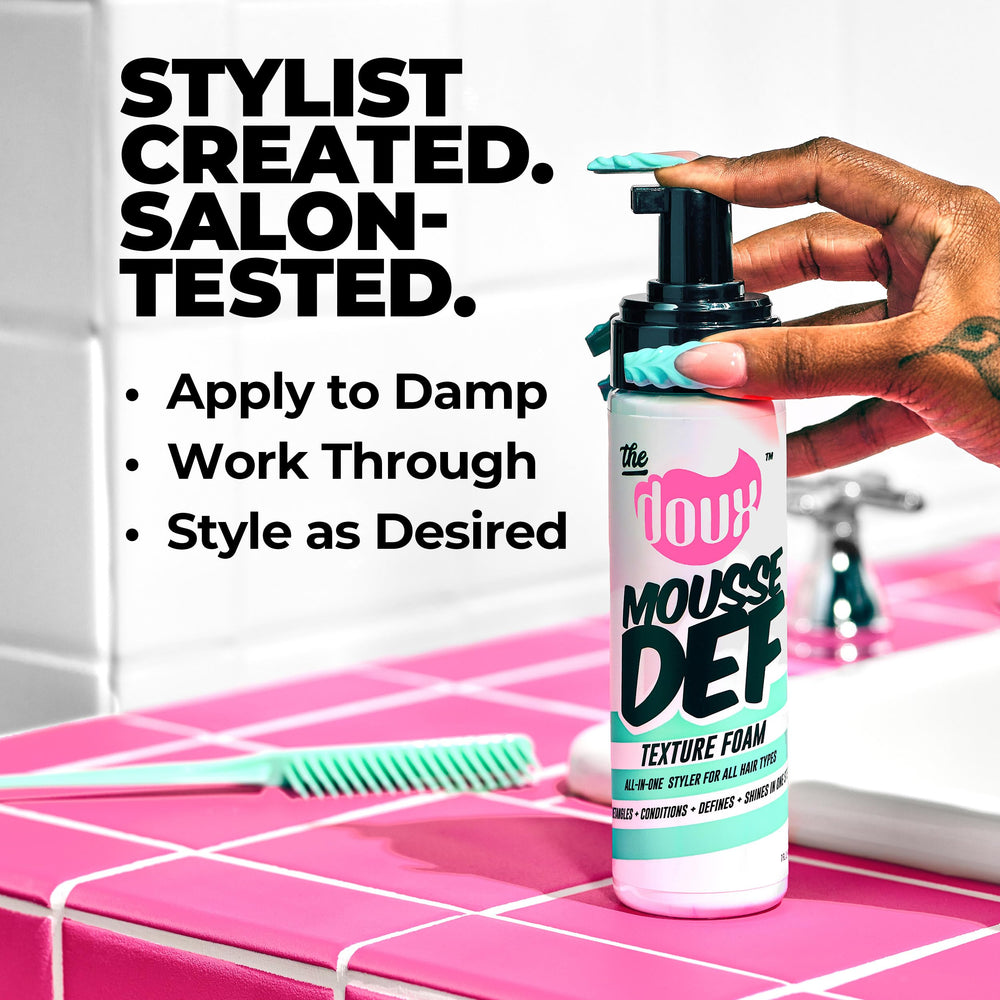 The Doux multi-use mousse bottle dispense captures easy application for soft, flexible hold.