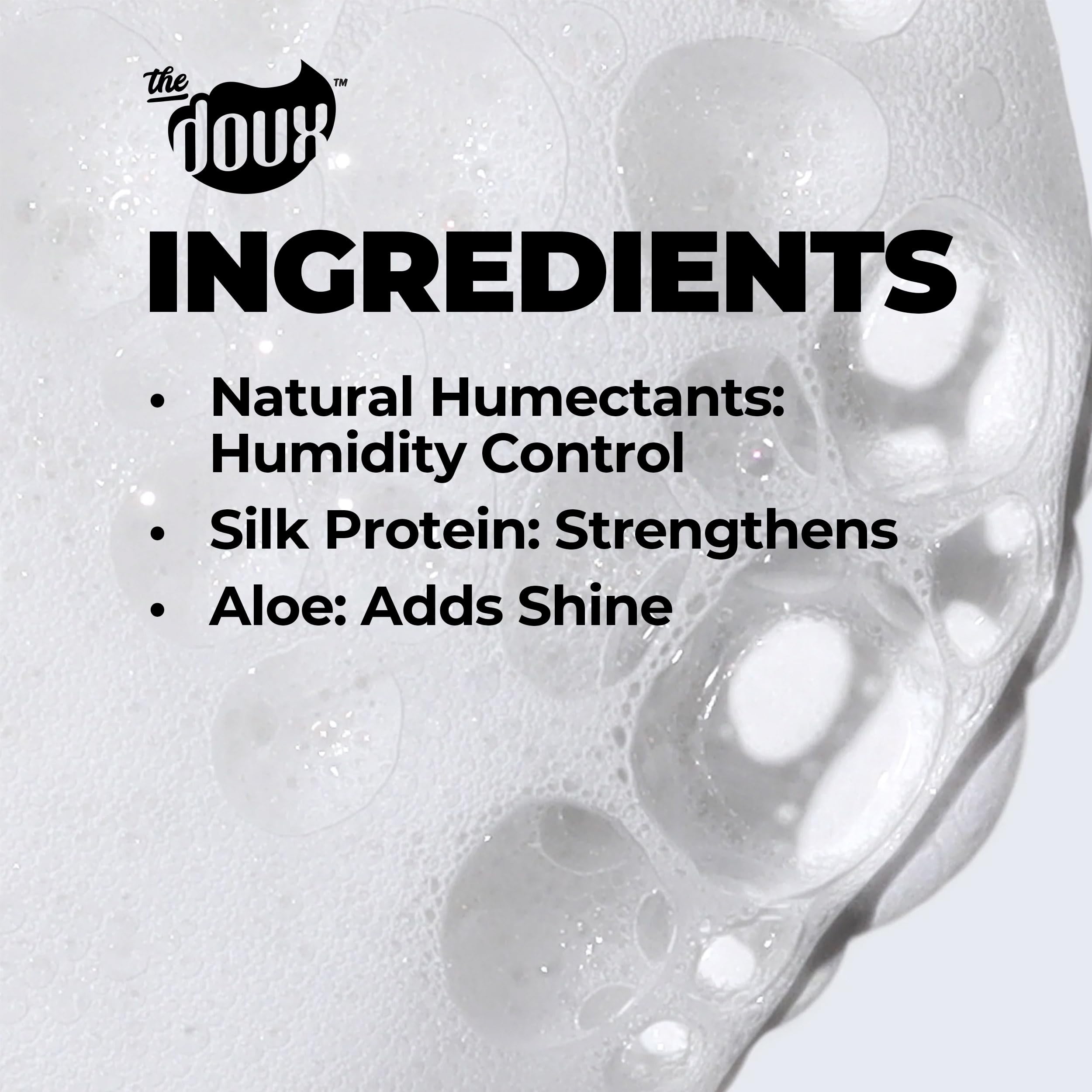The Doux multi-use mousse frizz-control image highlights humidity resistance and sleek finish.