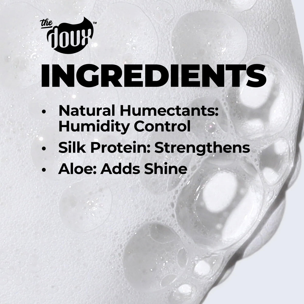 The Doux multi-use mousse frizz-control image highlights humidity resistance and sleek finish.