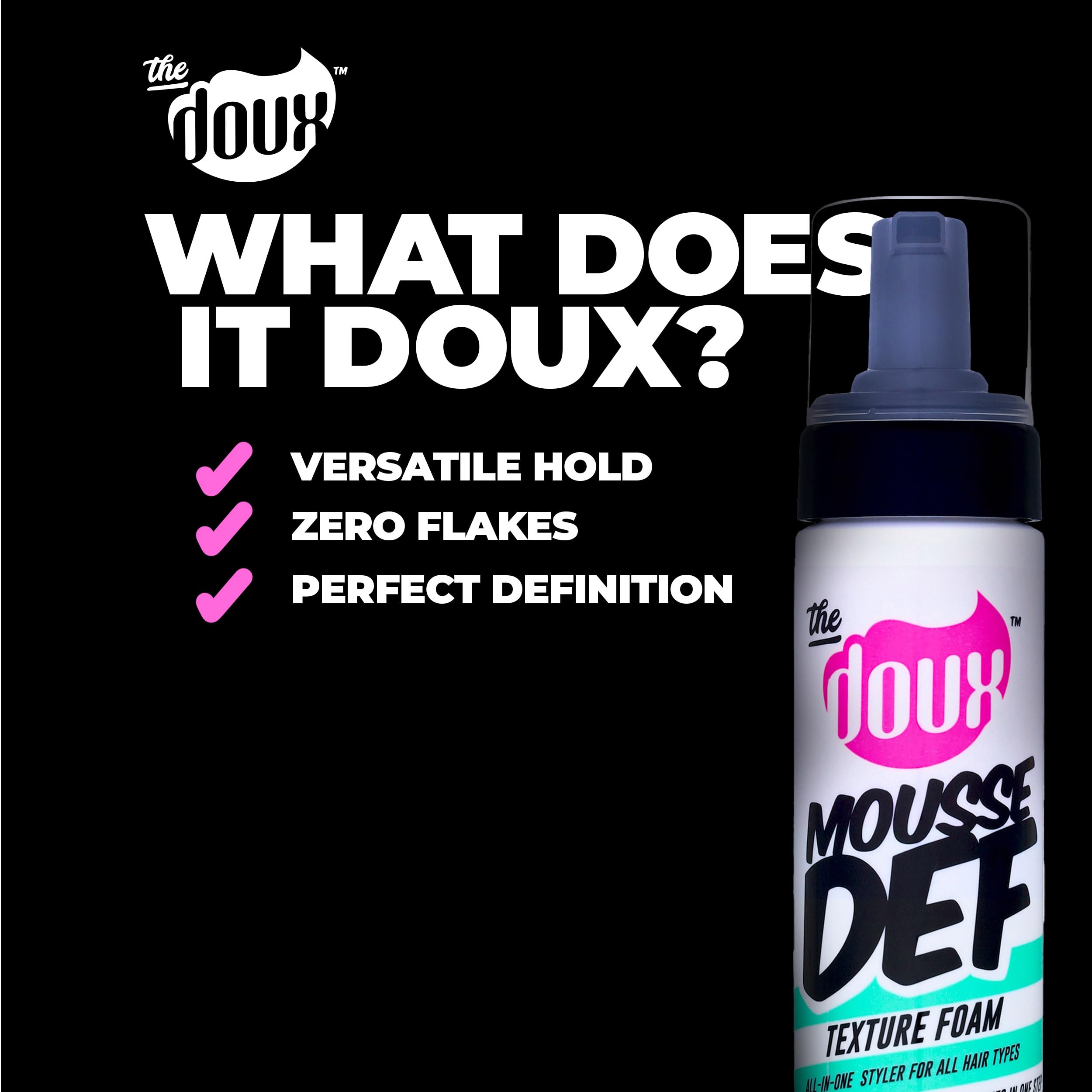 The Doux mousse-silk-protein-aloe closeup conveys hydrating strength for curls.