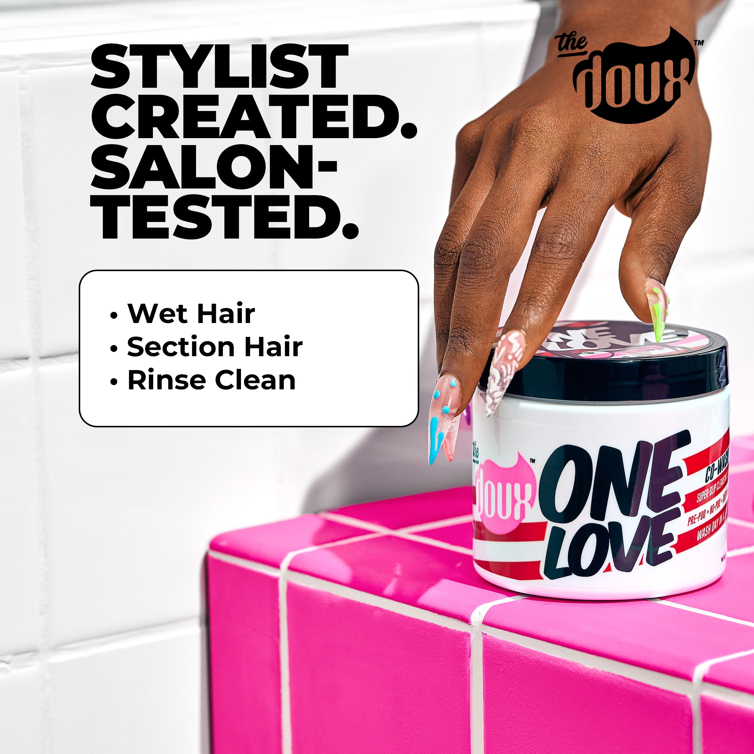 The Doux ONE LOVE co-wash application visuals illustrating even distribution for detangling ease