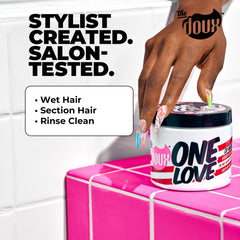 The Doux ONE LOVE co-wash application visuals illustrating even distribution for detangling ease