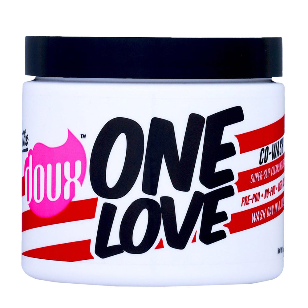 The Doux ONE LOVE co-wash bottle closeup showcasing hydrating formula for curly hair