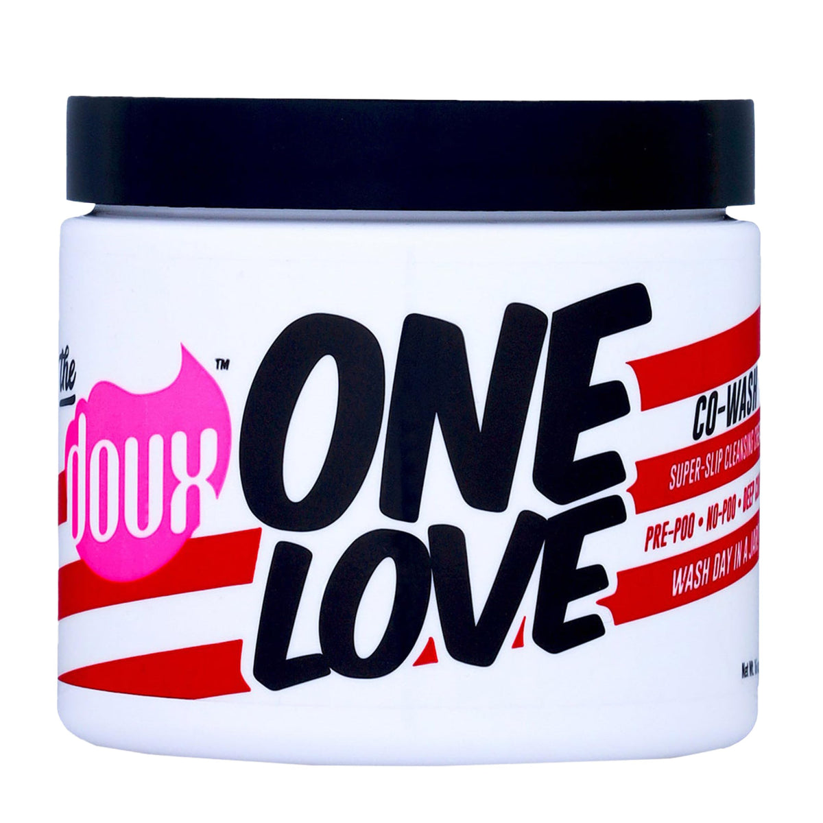The Doux ONE LOVE co-wash bottle closeup showcasing hydrating formula for curly hair