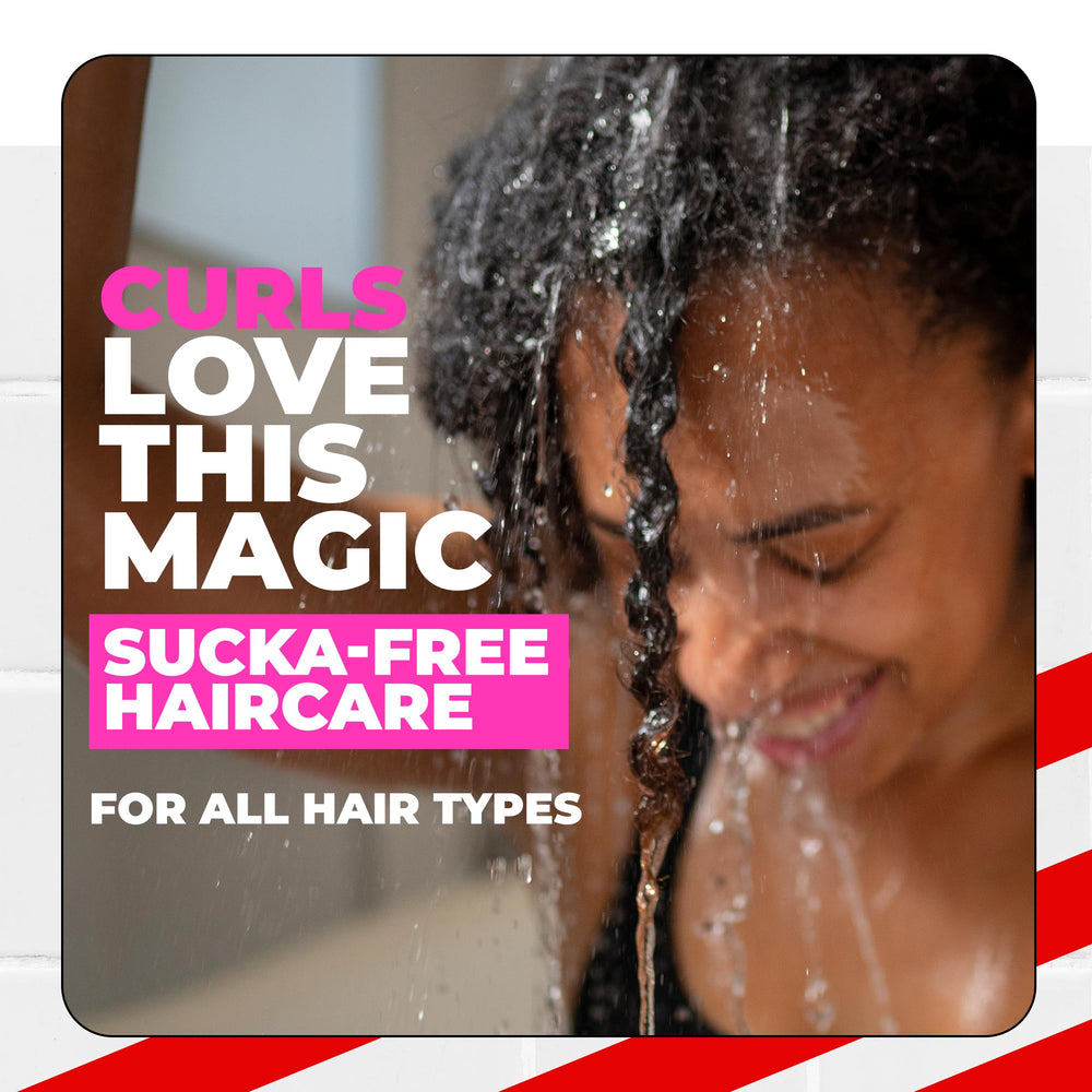 The Doux ONE LOVE co-wash curly hair texture close up emphasizes defined curls and frizz control