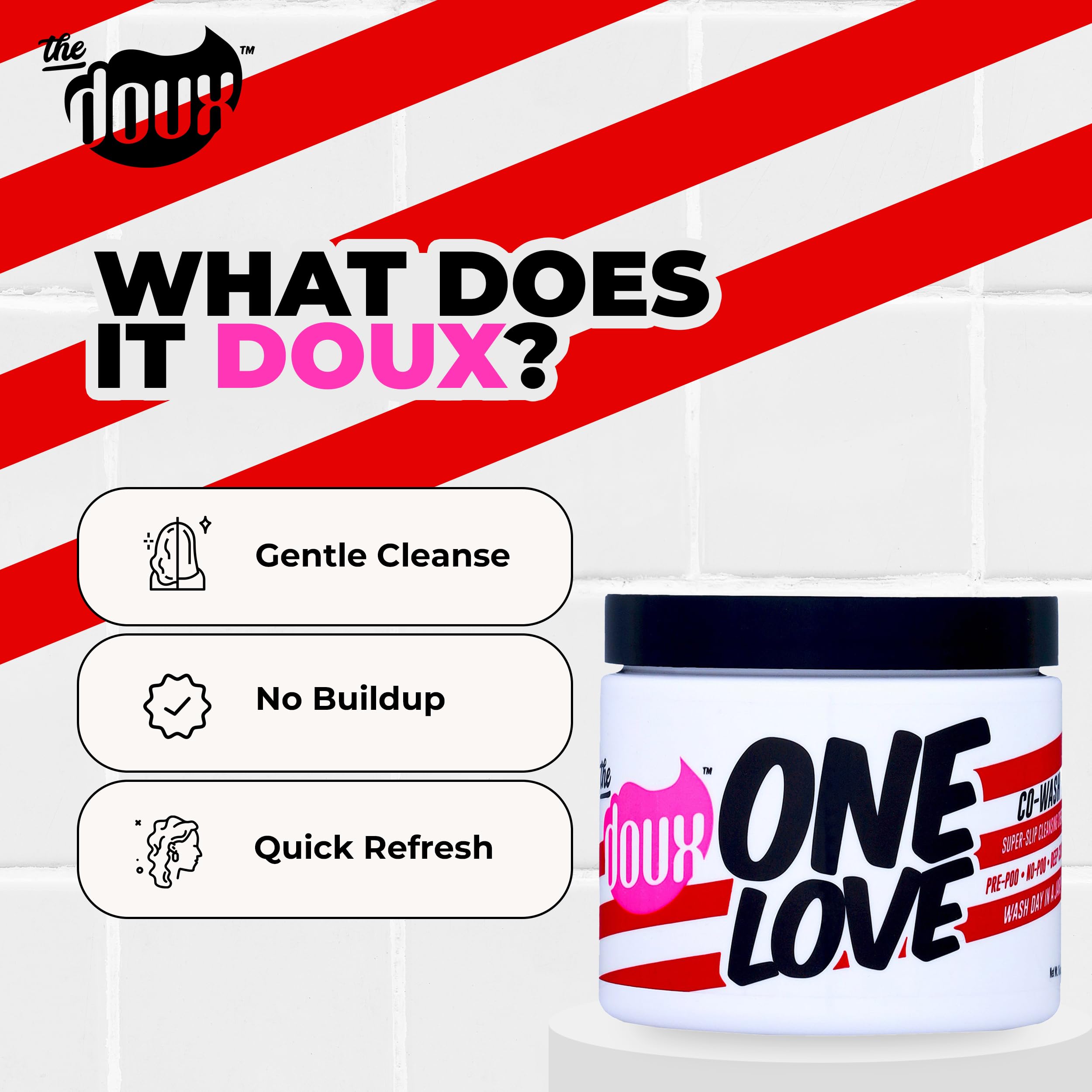 The Doux ONE LOVE co-wash anti frizz shine shot highlights smooth, glossy curls