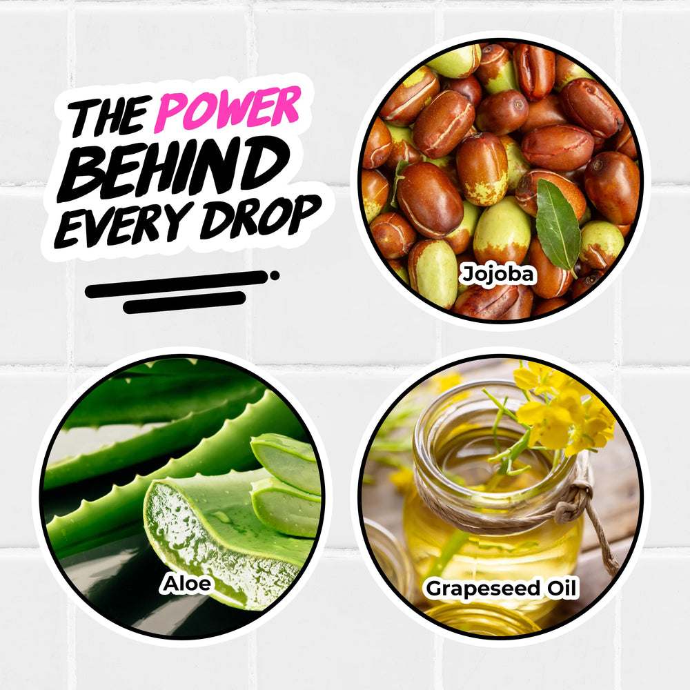 The Doux ONE LOVE co-wash ingredients image features jojoba and grapeseed oils