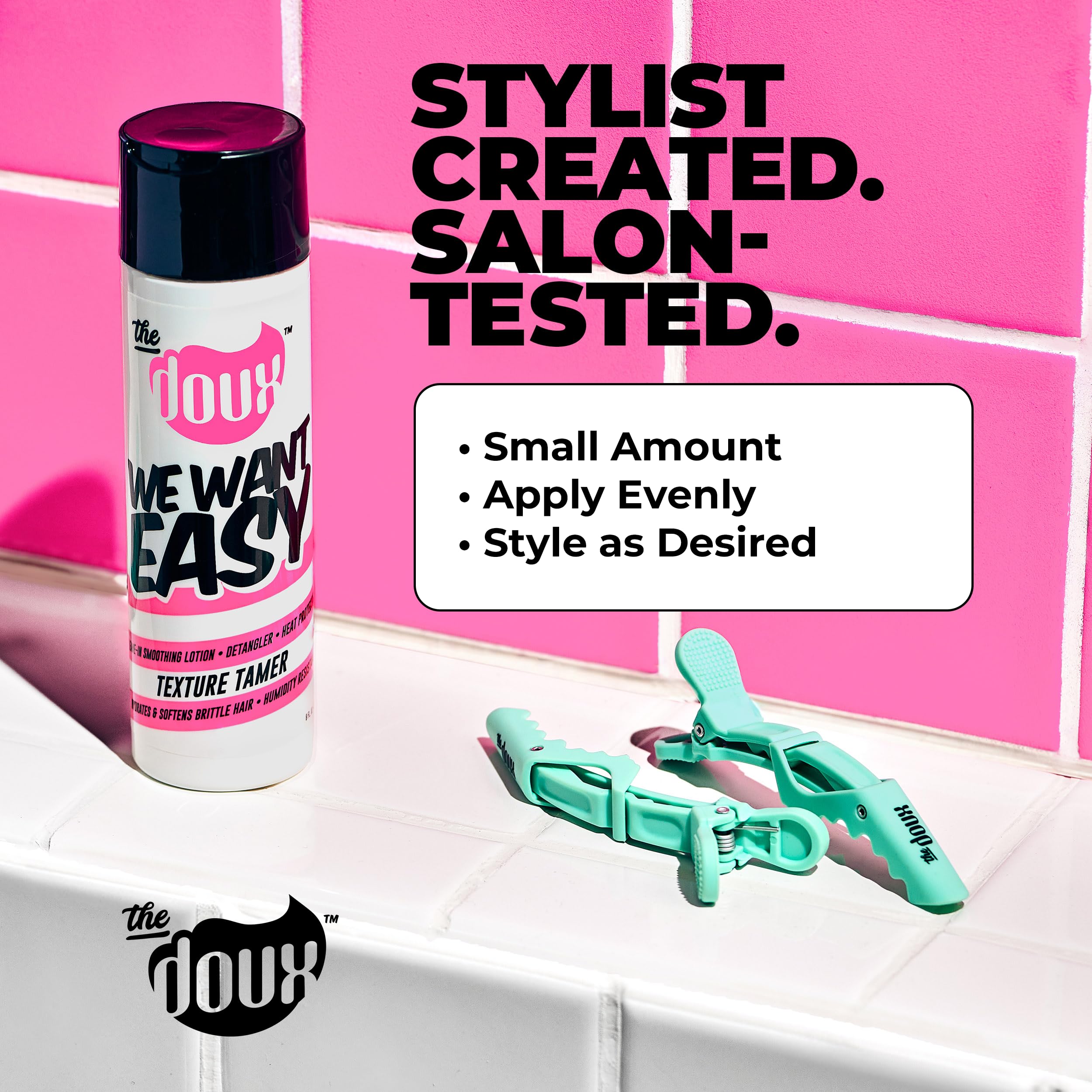 The Doux WE WANT EASY spray bottle demonstrates even mist for frizz control.