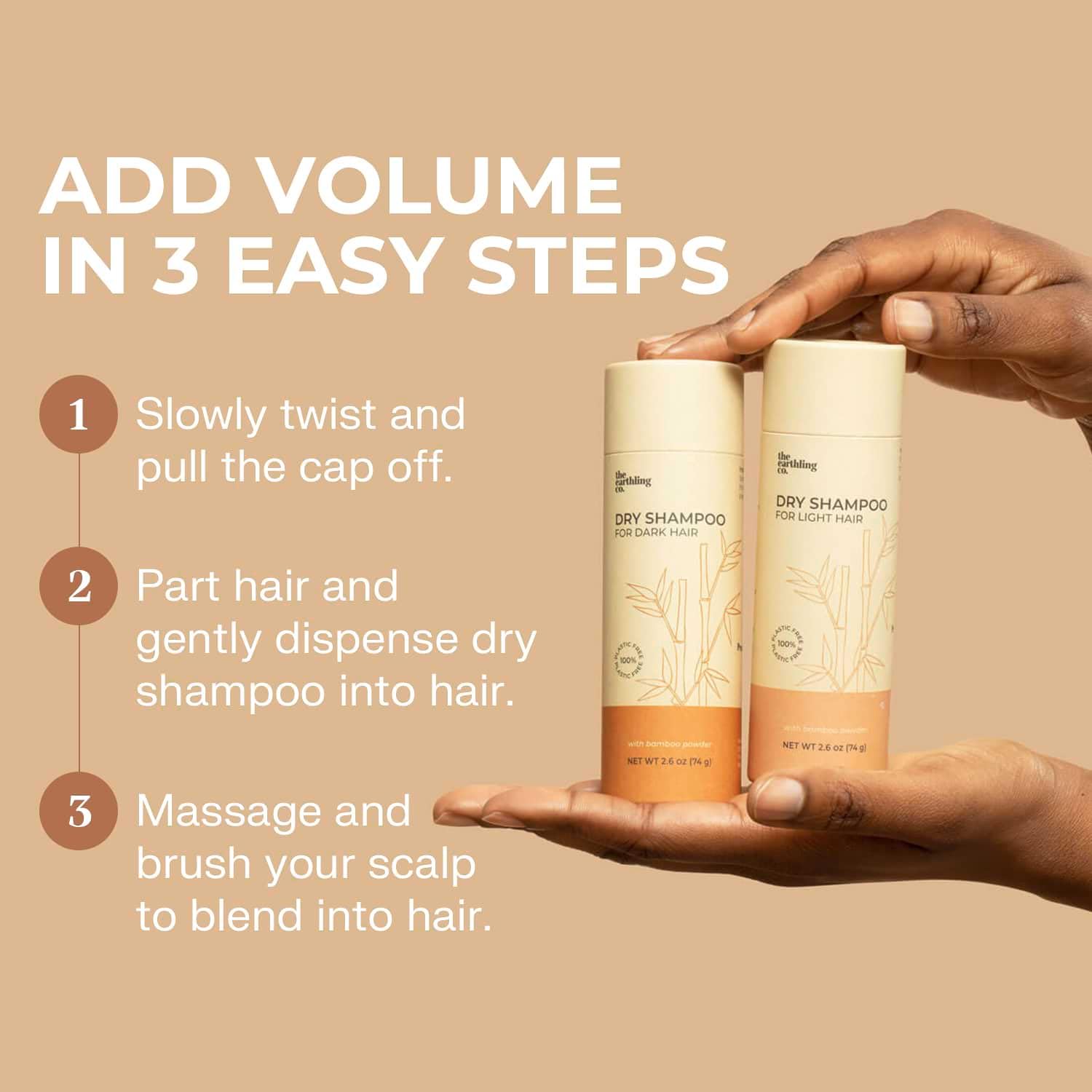 The Earthling Co. dry shampoo application on hair demonstrates instant refresh and volume.