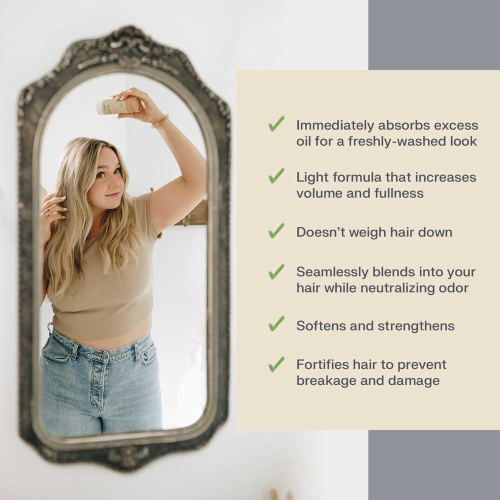 The Earthling Co. dry shampoo dark hair powder dispense demonstrates easy application.