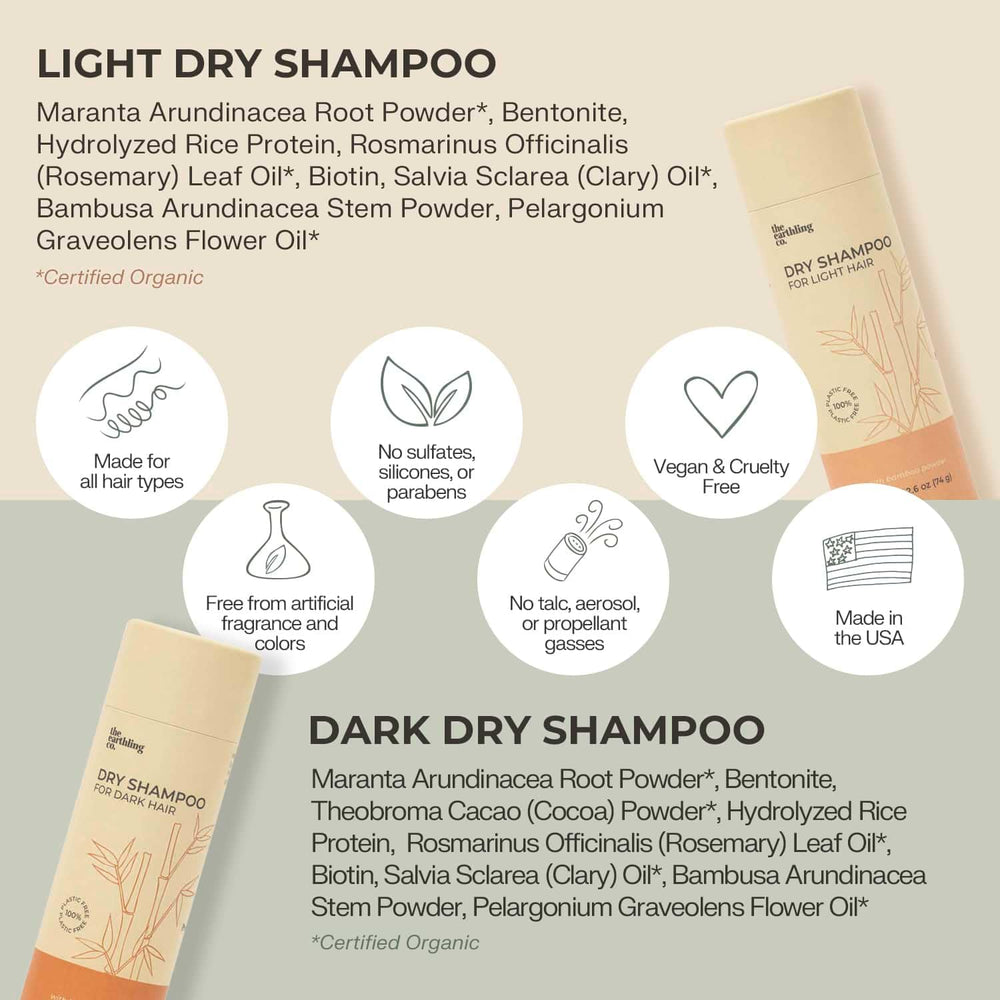 The Earthling Co. dry shampoo USA-made label signals quality and local production.