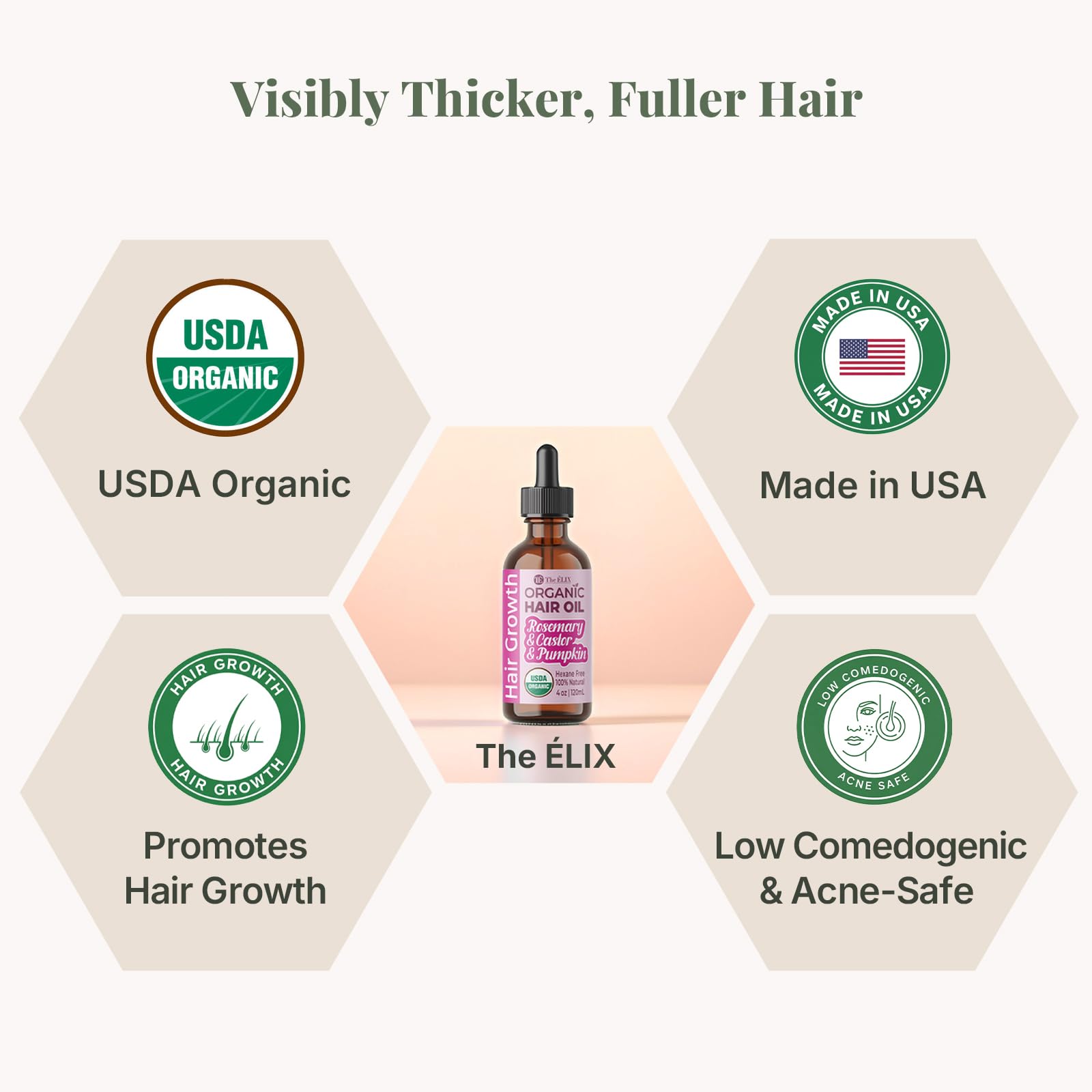 The ÉLIX rosemary oil amber bottle packaging emphasizes premium hexane-free ingredients