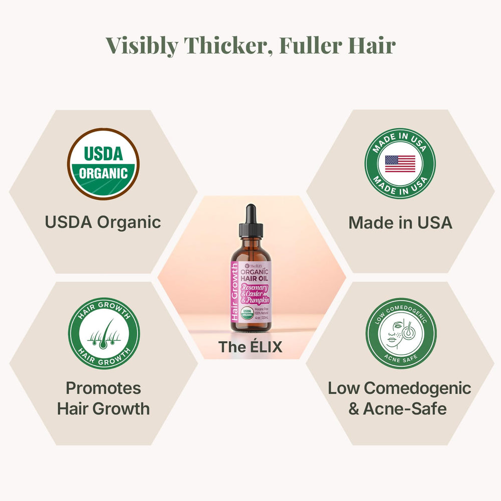 The ÉLIX rosemary oil amber bottle packaging emphasizes premium hexane-free ingredients