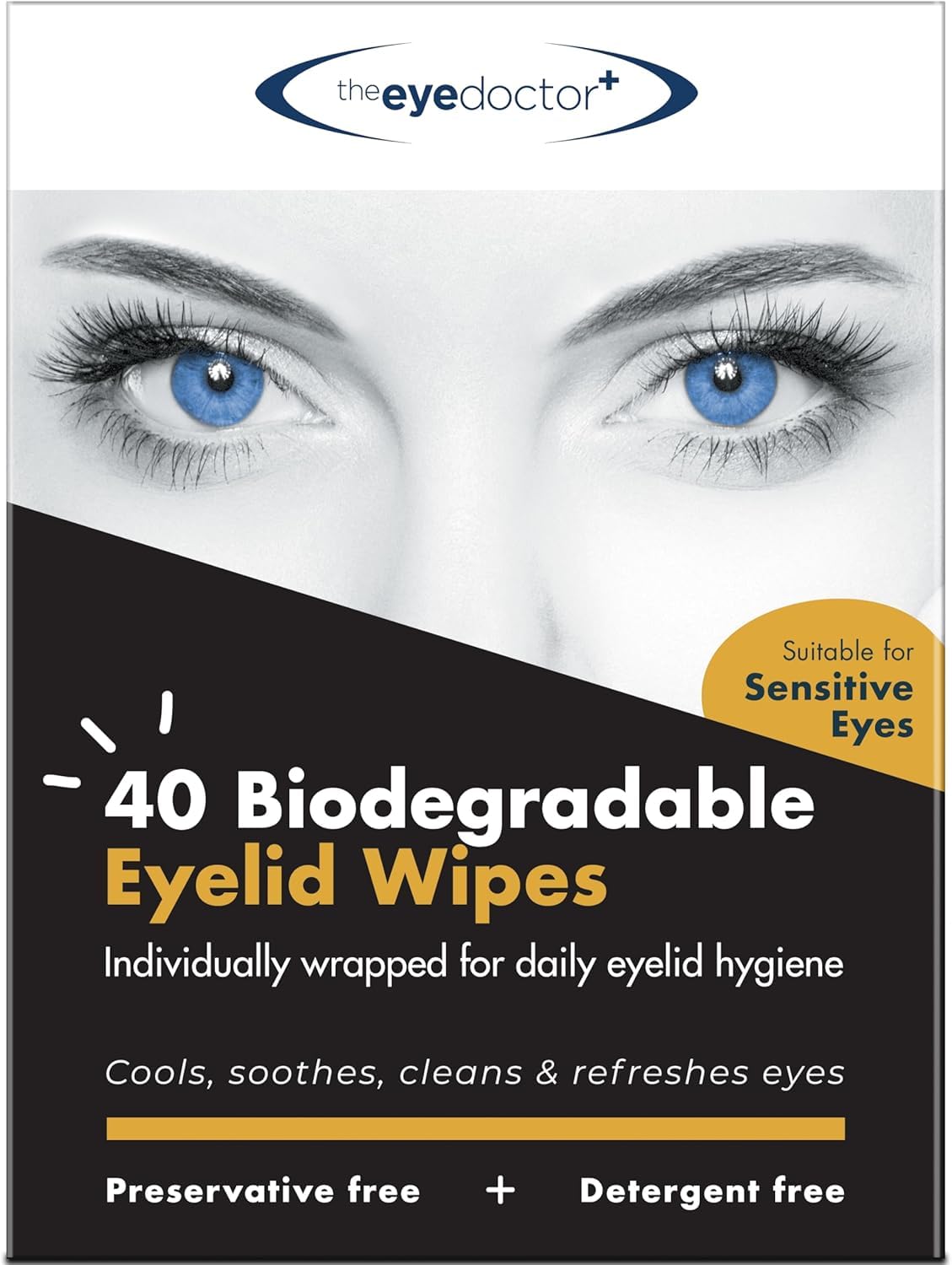 The Eye Doctor biodegradable eyelid wipes box front for eco-friendly daily lid care.