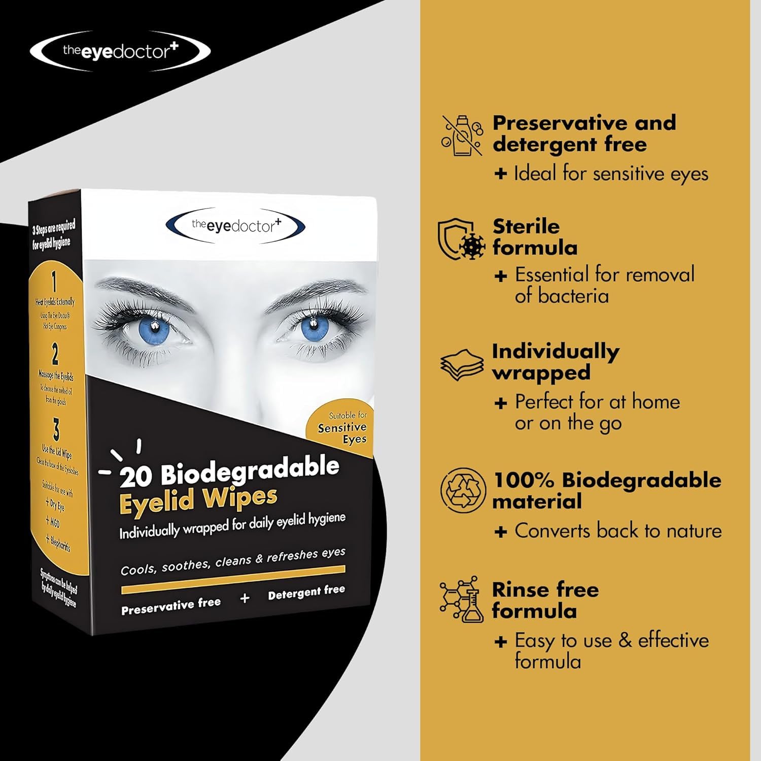 The Eye Doctor eyelid wipe individual packet shown for on-the-go cleansing convenience.