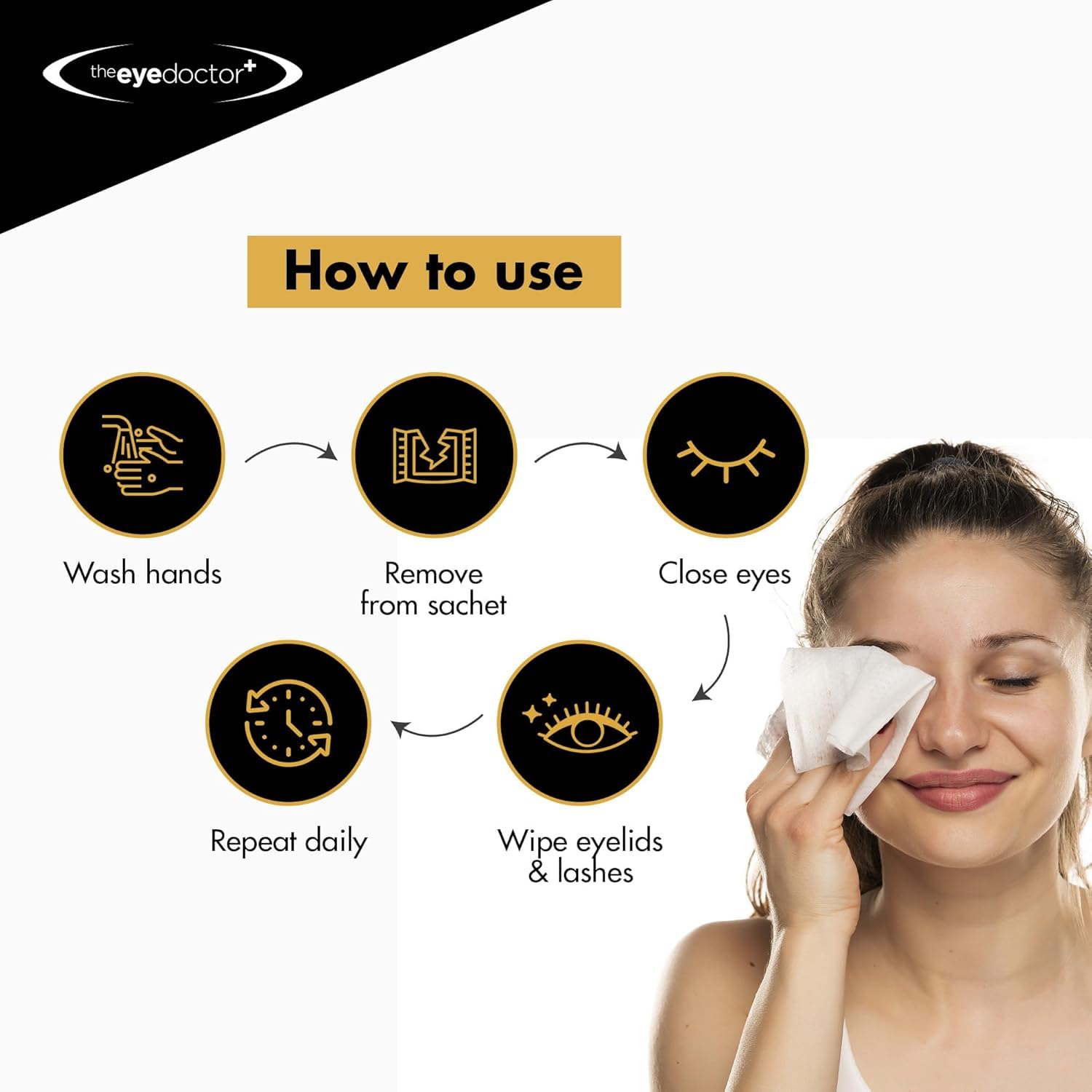 The Eye Doctor pre-moistened wipe ready for immediate cleansing.