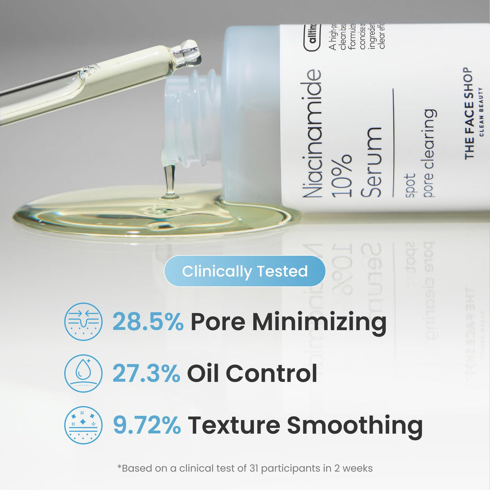 The Face Shop Alltimate Niacinamide serum pump action closeup shows controlled release.